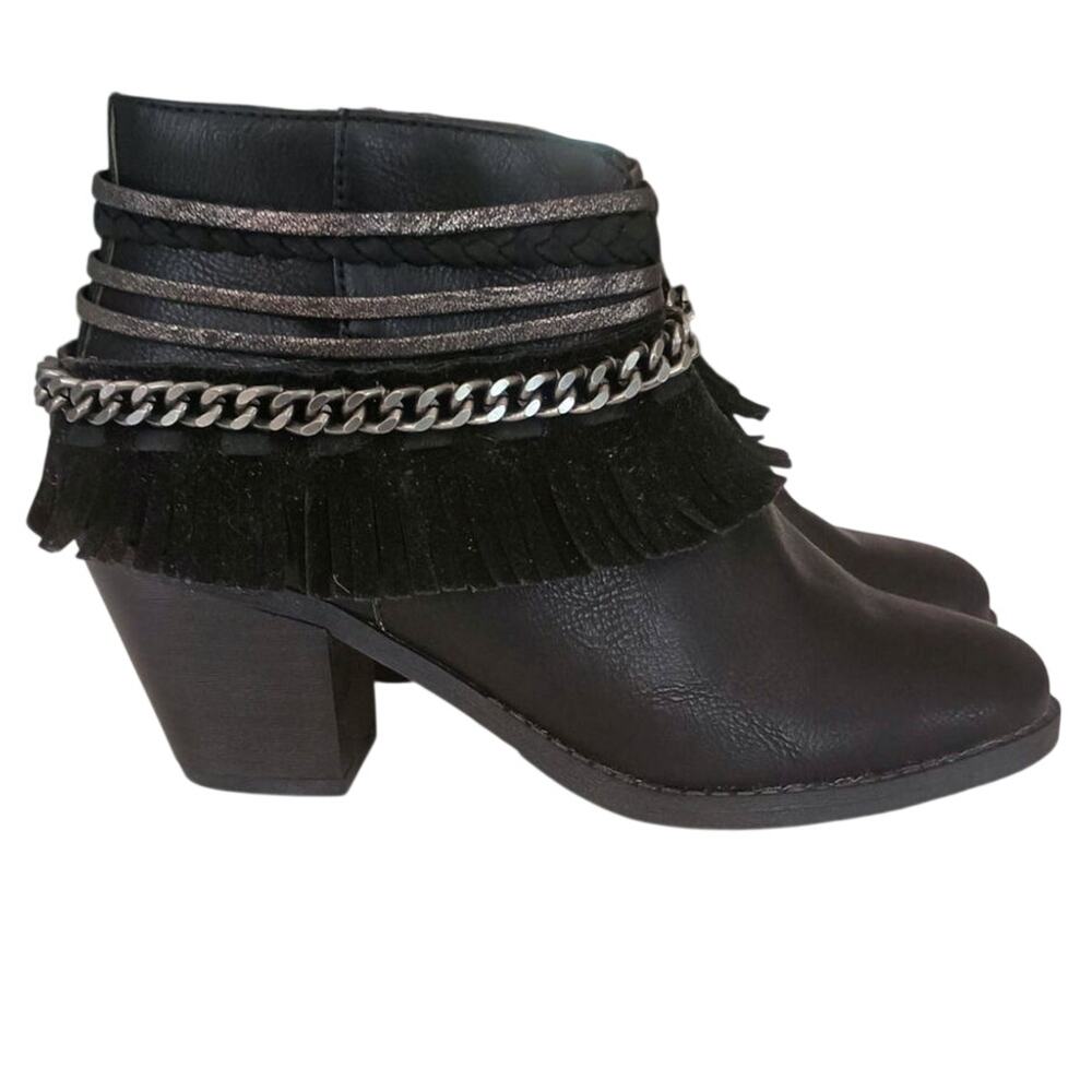 Y2K Rampage black booties fringe layered leather/ chains Western boho SZ 8 NWOT